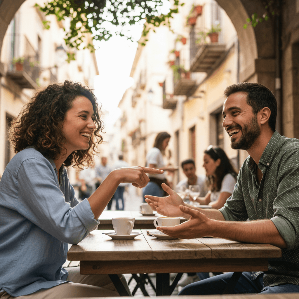 Man and woman laughing together at an outdoor cafe table in a European old-town street