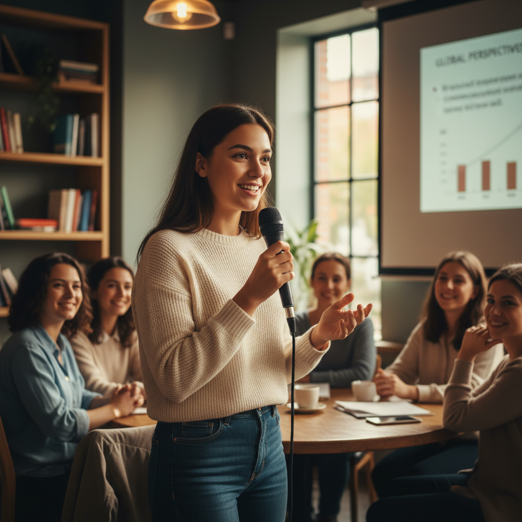 Woman speaking into a microphone in front of a seated group with a presentation screen behind her