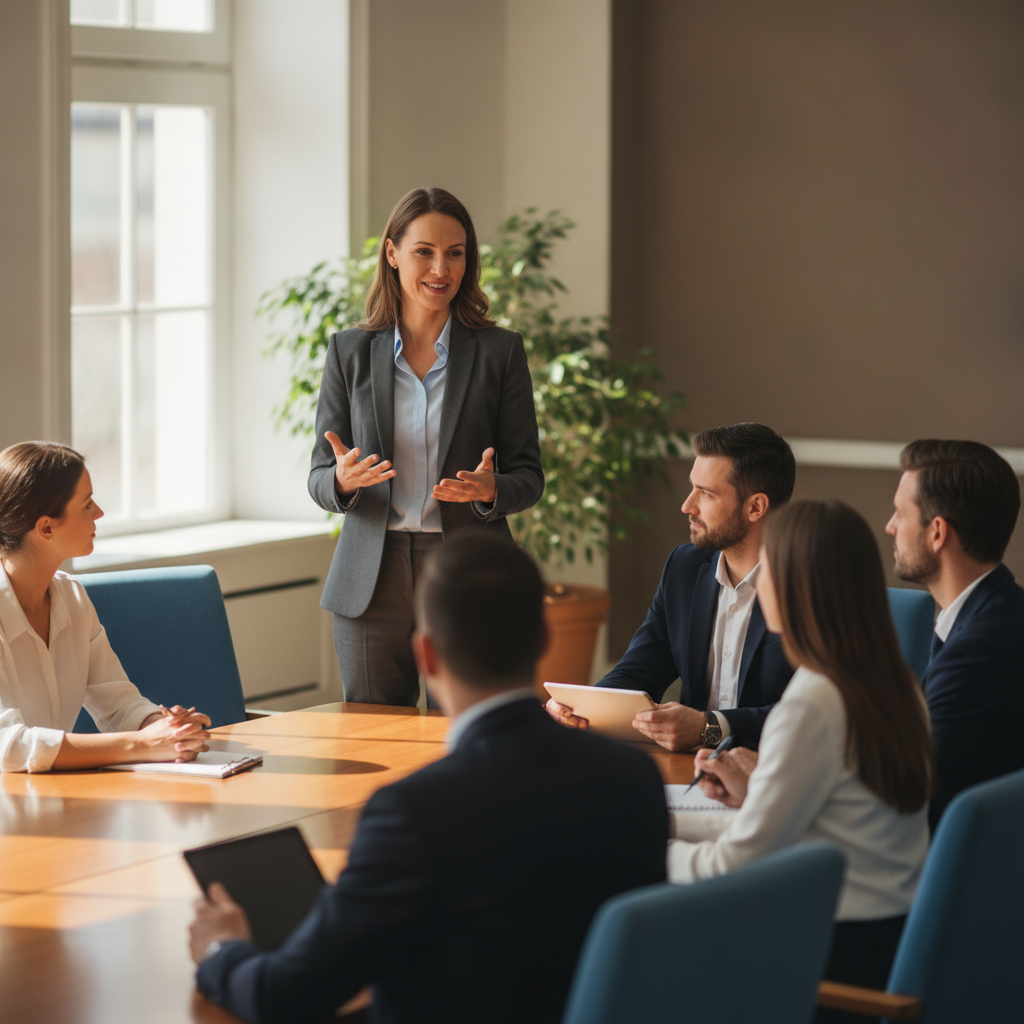 Businesswoman addressing colleagues seated around a conference table