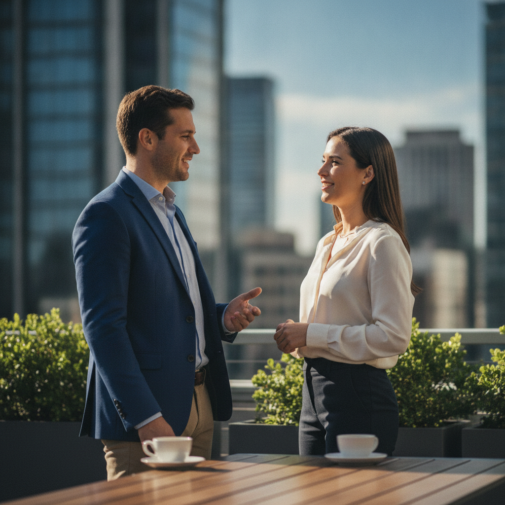 Man and woman in business attire chatting on a rooftop terrace overlooking the city