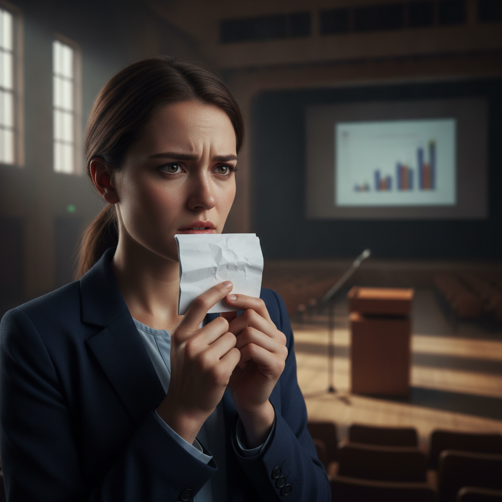 Nervous woman clutching notes before speaking on stage in front of a presentation screen