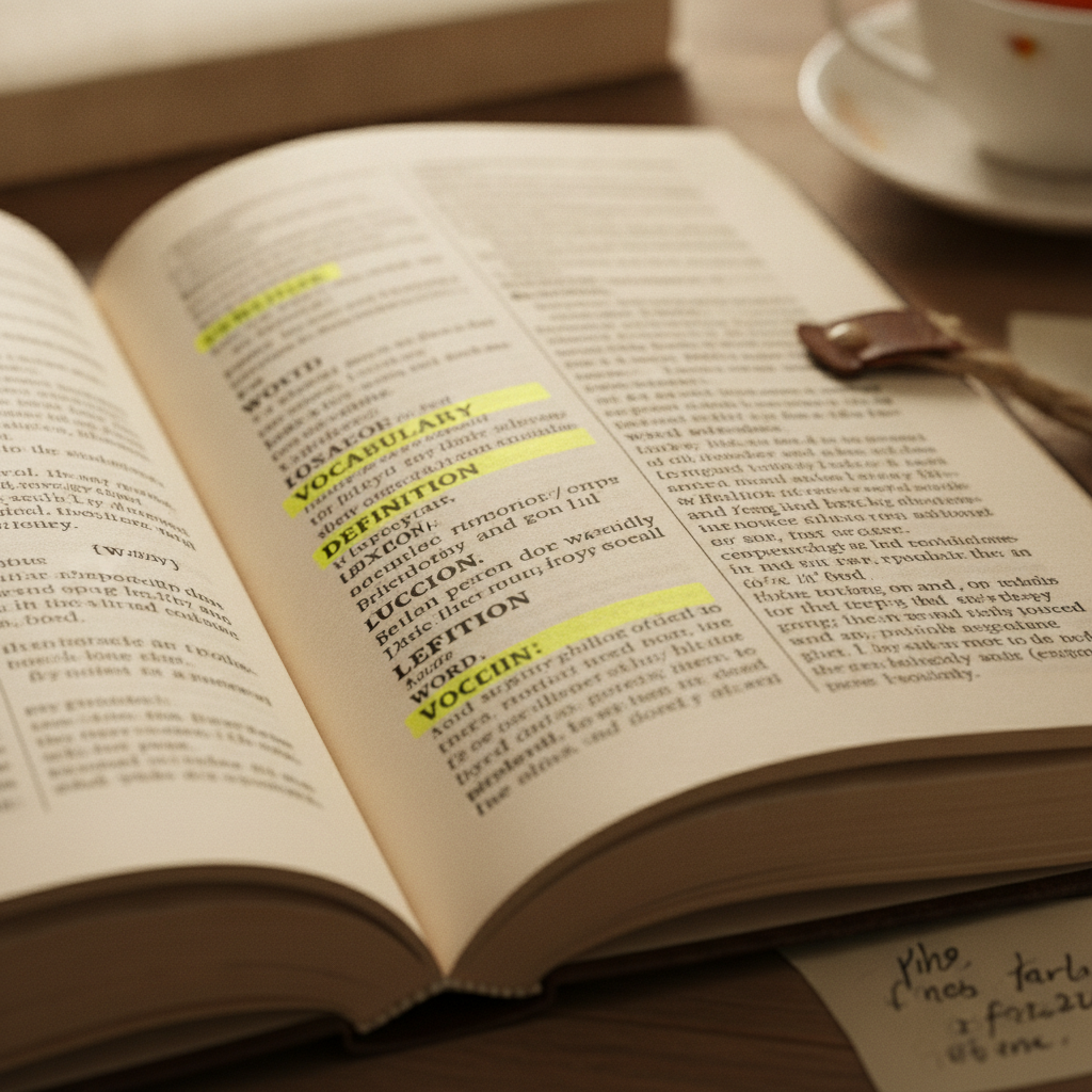Open dictionary page with vocabulary and definition entries highlighted in yellow