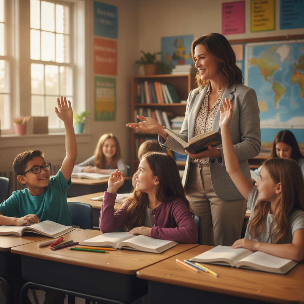 A teacher holding a book while students raise their hands to answer in a classroom with a world map